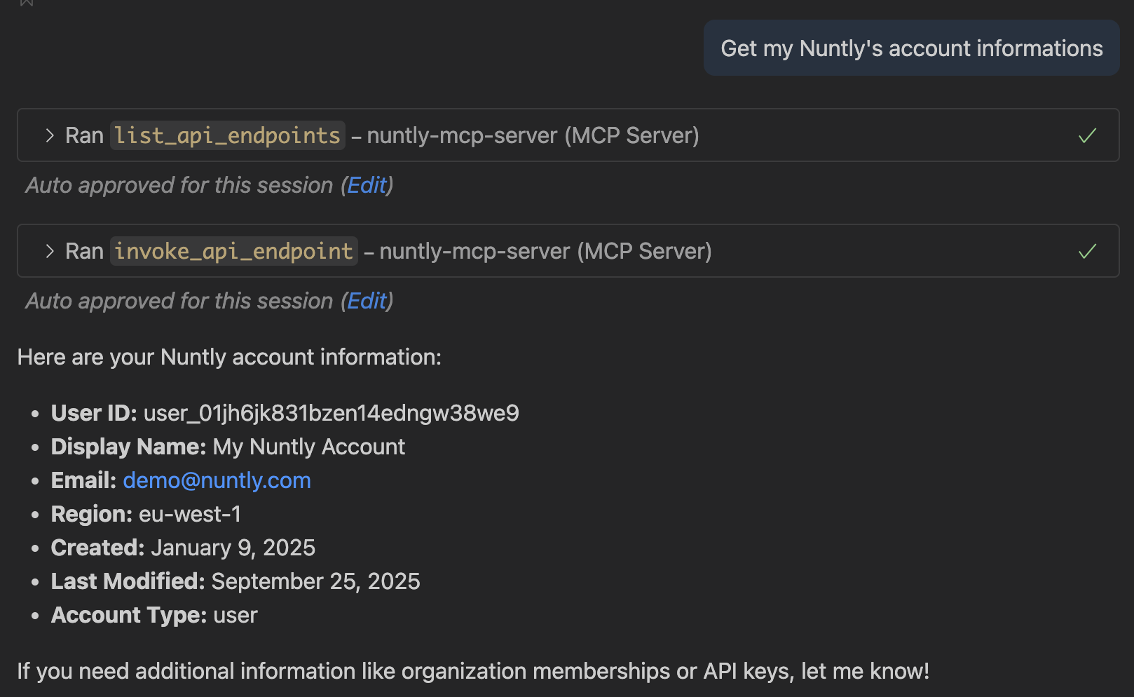 Get Nuntly Account Info